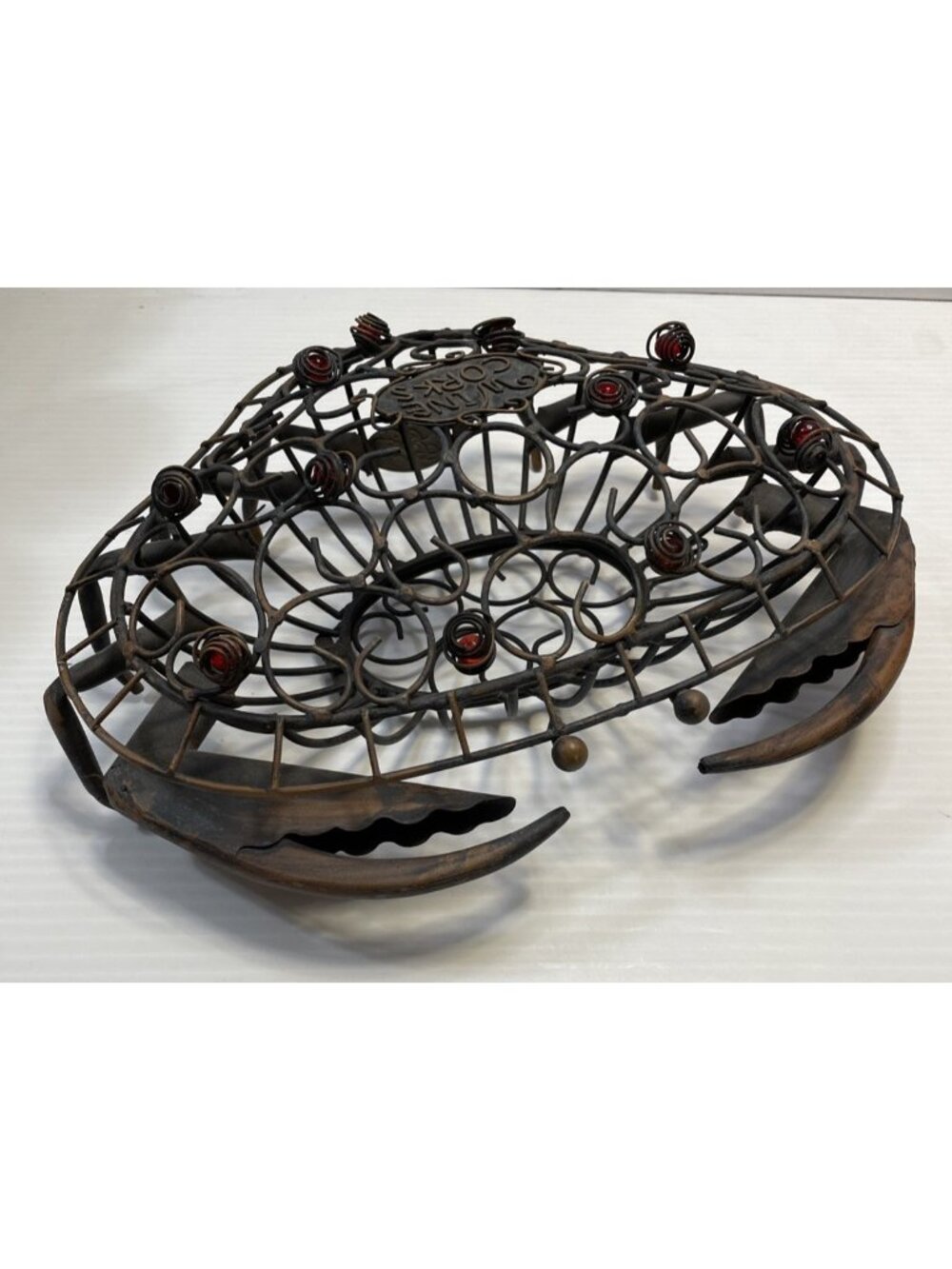 Metal Crab w/Clear Red Beads Wine Cork Holder Large 10" X 13" - NEW